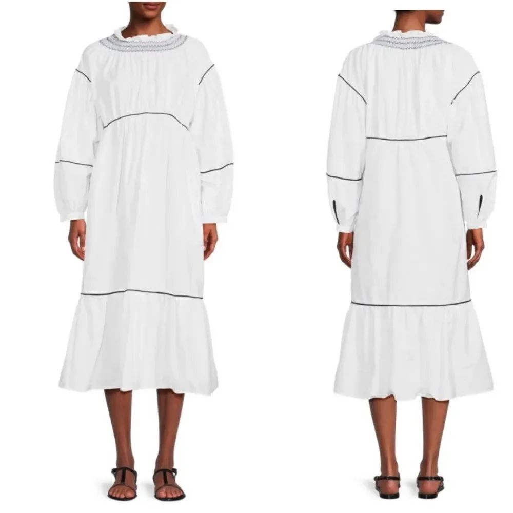 SOMETHING NAVY White Smocked Puff Sleeve Cotton Midi Dress-S NWT!